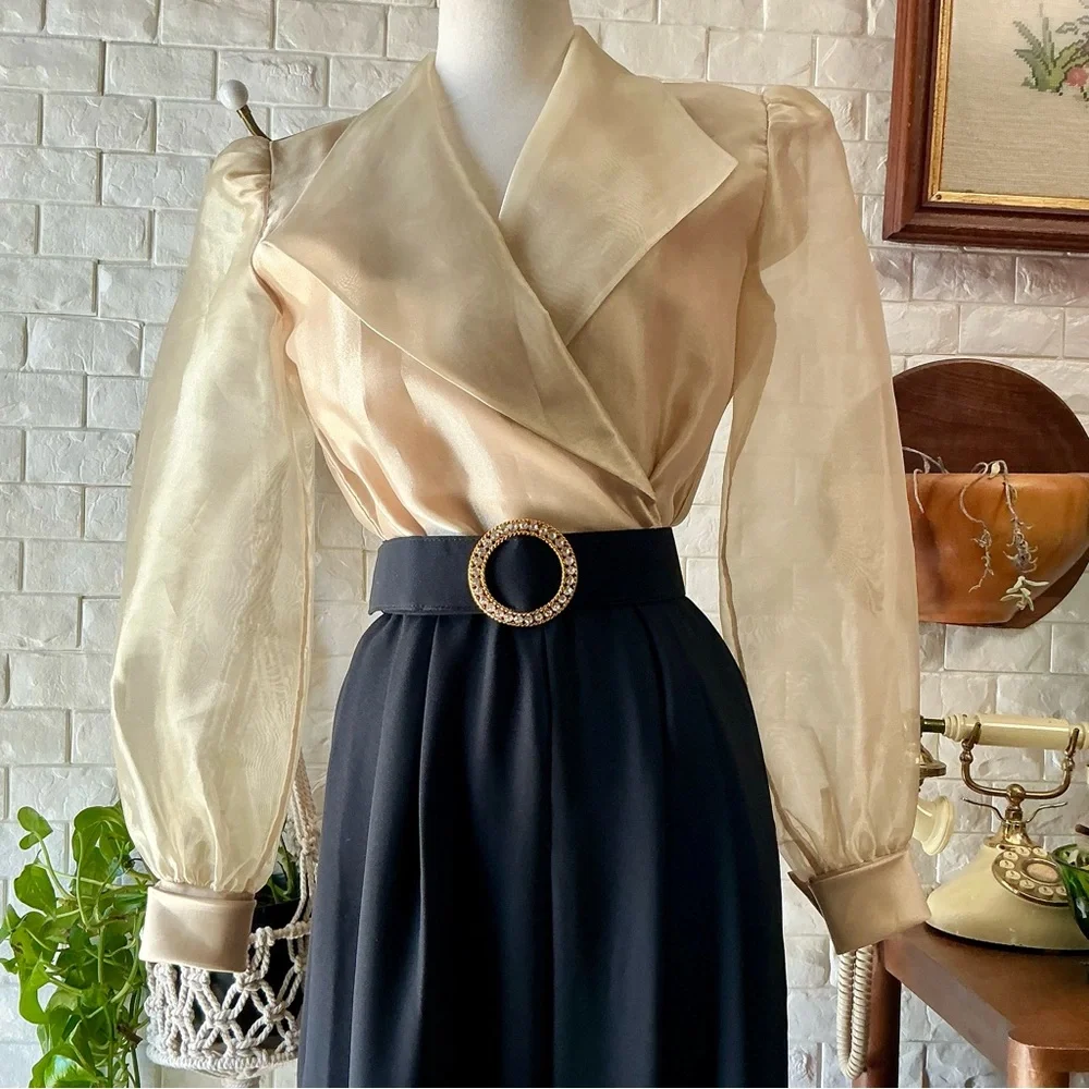 Vintage J.R. Nites by Caliendo Sheer Gold Puff Sleeve Jeweled Belted Jumpsuit - Picture 4 of 16